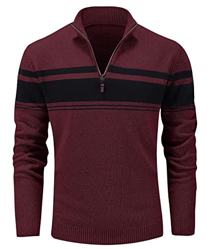 MAGCOMSEN Mens Slim Fit Sweaters Fall Sweater Turtleneck Long Sleeve Mens Sweater Half Zip Up Polo Sweaters Pullover Sweaters Balck Sweater Slim Fit Sweaters Wine Red