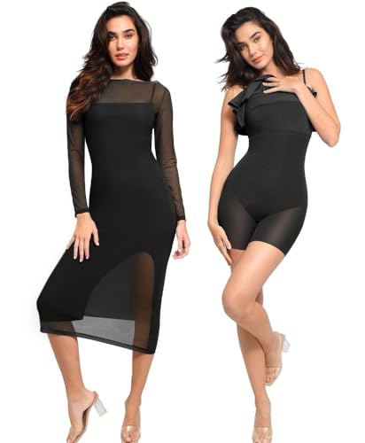 Image of Popilush Mesh Shapewear Dress Corset Date Night Dresses for Women Two Piece Club Outfits with Slit