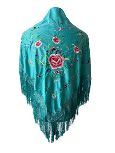 Genérico FLAMENKA ROCIERA Mantón de Flamenca, Mantoncillo Bordado Floral, 150x80cm con Flecos de 24cm, Poliéster