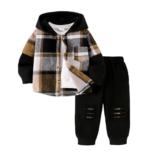 Toddler Baby Boys Clothes 2Pcs Fall Winter Outfits Sweatsuit Button Flannel Plaid Shirt Hoodie Ripped Pants 12M-5T