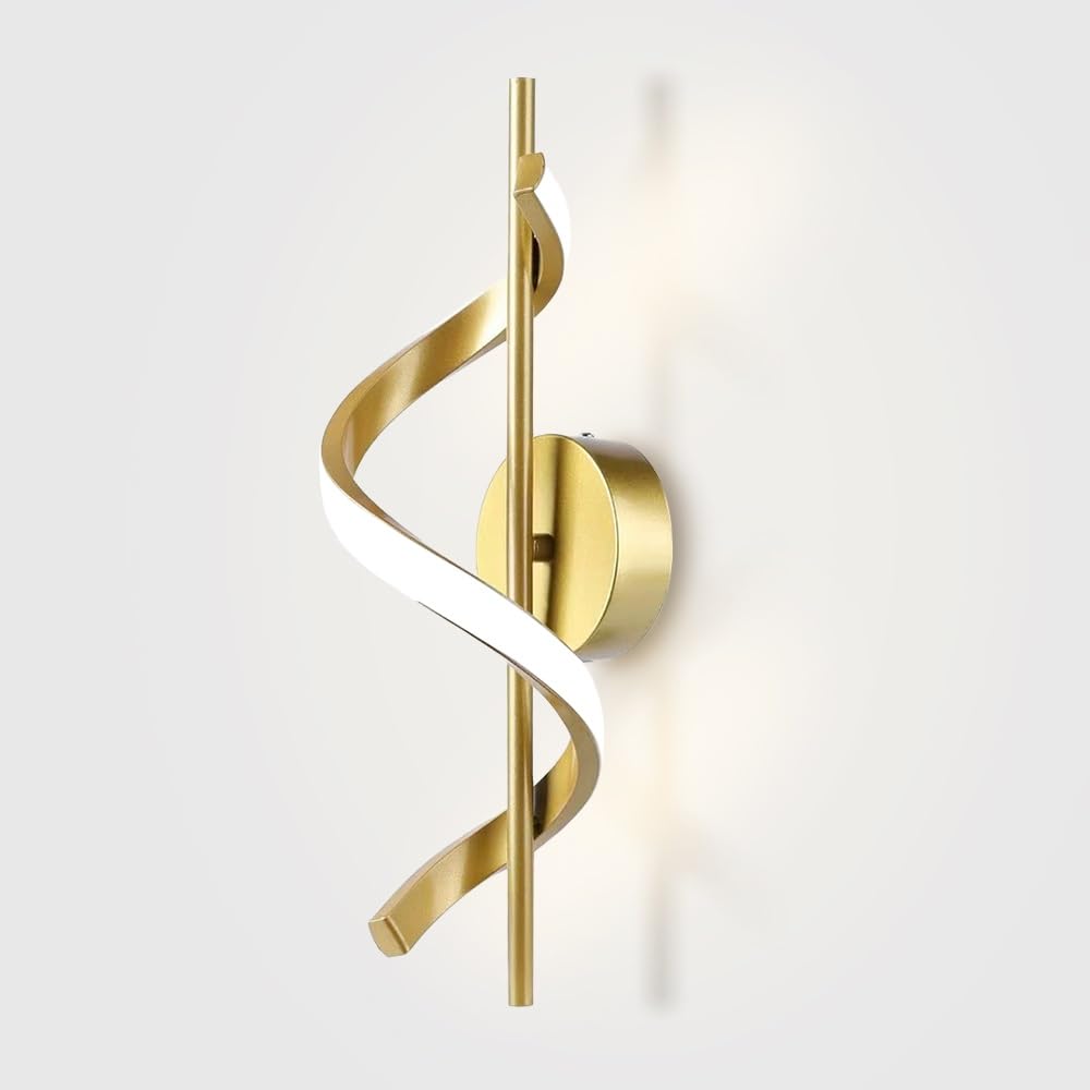 SXWNBIFH Spiral Linear Wall Lamp 3000K LED Indoor Wall Light, 12W Warm White Bedside Night Light, Curved Metal Sconce for Bedroom Living Room Hallway, Decorative Background Wall Fixture(Gold)