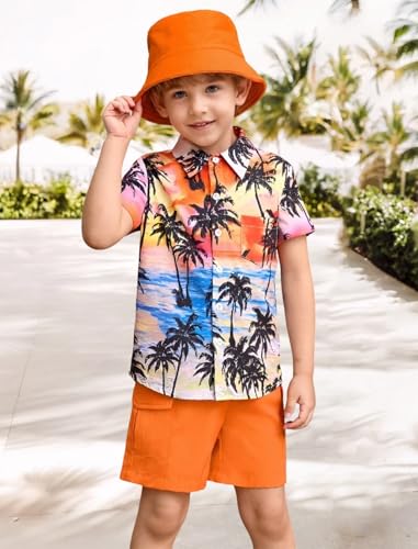 Image of IBTOM CASTLE Boys Hawaiian Button Down Shirts and Short Sets with Bucket Hat Kids Summer Vacation Outfits Tropical Shirt