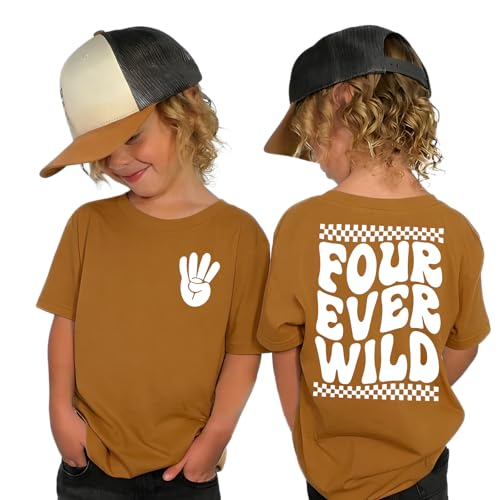 4. Geburtstag Junge T-Shirt Four Ever WILD Drucken Tshirt Vierter Geburtstags Shirt für Jungen Kinder Geburtstagsshirt Sommer Kurzarm Tops Vier Jahre Ankündigung Outfits(4 Jahre Braun)