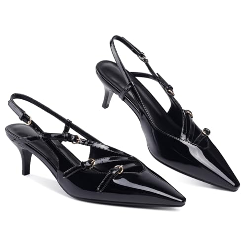 Image of CORNMOOD Stiletto Slingback Heels Pumps for Women | Glossy Patent Leather Kitten heel, Chic Dress Shoes for Modern Women, Ideal Wedding Evening Party and Work Office Outfit