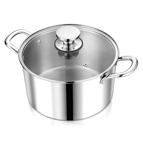 P&P CHEF 6 Quart Tri-Ply Stainless Steel Stock Pot, 6 Qt Stockpot Pasta Cooking Pot with Visible Lid for Soup Vegetable, Induction Cookware for All Stoves, Sturdy & Double Handle, Dishwasher Safe