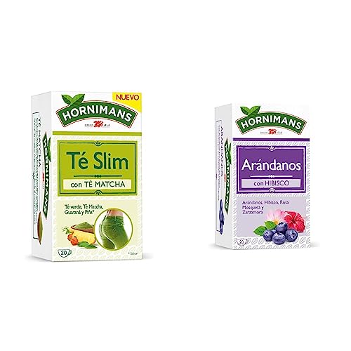 Hornimans Té Slim con Té Matcha | Ingredientes 100% Naturales | 20 bolsitas | Con Teína & Infusión de Arándanos con Hibisco 100% Natural | 20 bolsitas | Con Teína