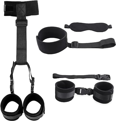 Image of BDSM Neck to Wrist Restraints Bondage Set - Behind Back Handcuffs Collar with Blindfold Adjustable Bondage Set Bed SM Games Play Sex Toys for Couples S&M Floggers