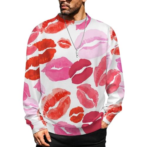 Mens Red Hearts and Lipstick Crewneck Sweater Mens Crew Neck Sweaters Long Sleeve Funny Men's Pullover