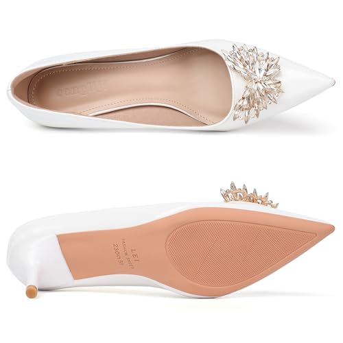 Kitten Heels for Women 2 Inch Pointed Toe Leather High Heels Comfortable Slip on Stiletto Pumps Rhinestone Bow Wedding Party Dress Shoes2