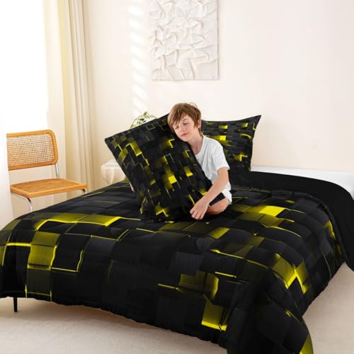 Image of Erosebridal Black Yellow Comforter Set Full Neon Geometric Checkered Bedding Set for Kids Adults Abstract Stereoscopic Grids Quilt Square Plaid Bed Set 3 Pcs Gamer Room Decor