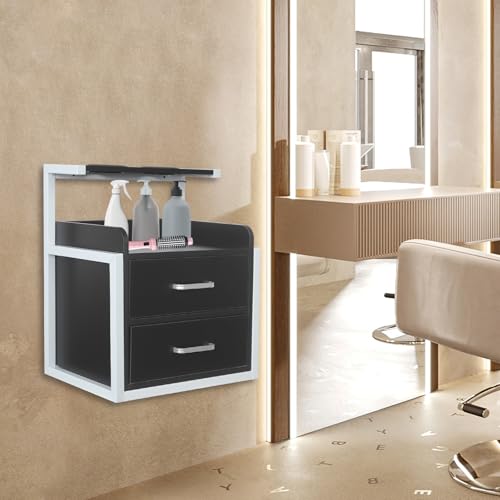 Suspended Salon Wall Cabinet - Wall Mounted Salon Storage Cabinet with 2 Drawers and Hair Dryer Holder, Space-Saving Design for Spas, Barber Shops, Salons and Locker Rooms (Silver-Black)