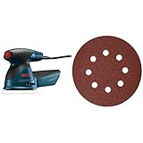 BOSCH ROS20VSC Palm Sander 2.5 Amp 5 In. Corded Variable Speed Random Orbital Sander/Polisher Kit with Dust Collector and Soft Carrying Bag, Blue | BOSCH SR5R060 5-Piece 60 Grit 5 In. 8 Hole Hook-And-Loop Sanding Discs
