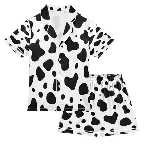 ALAZA Cow Print White Satin Pajamas Set Short Sleeve Button Down Sleepwear Summer Pjs 2 Piece