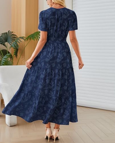Image of Women's Maxi Dresses Boho Burnout V Neck Short Puff Sleeve Smocked Empire Waist Long Wedding Guest Semi Formal Dress Pockets