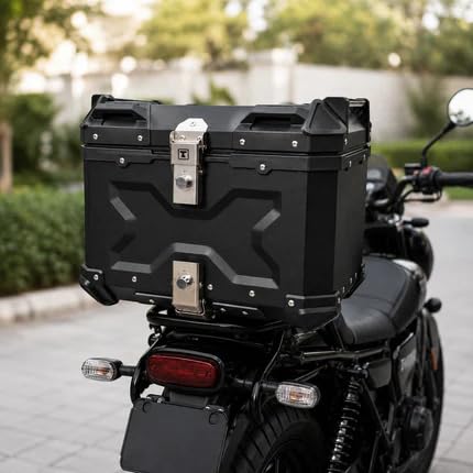 Image of CORE 45L Aluminium Motorcycle Top Box | X-Type Touring Storage Case with Universal Mount Plate | Lockable Rear Luggage Carrier | Water-Resistant Metal Top Case for Daily Bikes - Stealth Black