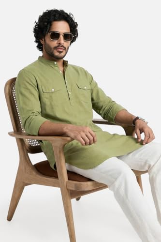 Image of SNITCH Men Casual Kurta Shirt | Regular Fit Full Sleeve Mandarin Collar Solid Pattern | Premium Cotton Linen Blend & Breathable Fabric for Festive Season & Holiday Wear