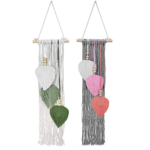 BTBHIHO 2 tapices de pared bohemios tejidos a mano, macramé de algodón con diseño de hojas de corazón, para exteriores, salón, dormitorio, interior, como regalo, 20 x 66 cm (verde, rosa)