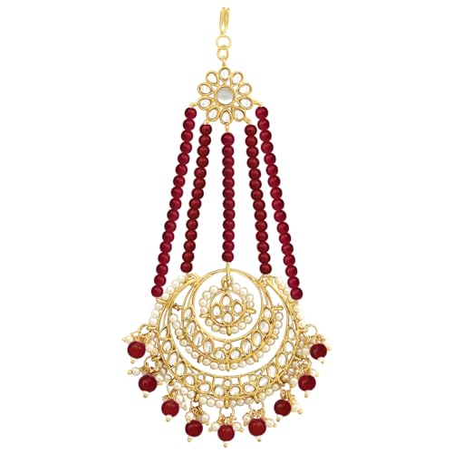 Image of Peora Gold-Plated Kundan Pearl Studded & Beaded Passa /Matha Patti Jewellery for Women & Girls