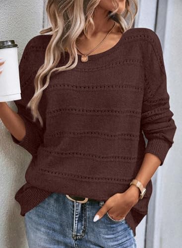 Image of SHEWIN Women's Sweaters Crew Neck Crochet Sweater Lightweight Knit Long Sleeve Tops Shirts Loose Fit Spring 2026