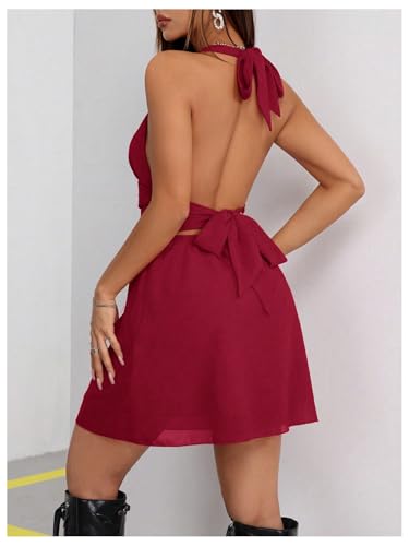 Image of Milumia Women's Deep V Neck Halter Mini Dress Sexy Bow Tie Backless Short Dress
