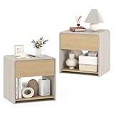 Giantex Modern Nightstand with Drawer Set of 2, Wooden Bedside Table with Storage Open Shelf, Accent End Table for Small Spaces, Curve Design Night Stand for Bedroom Couch Sofa Home Office, Oak