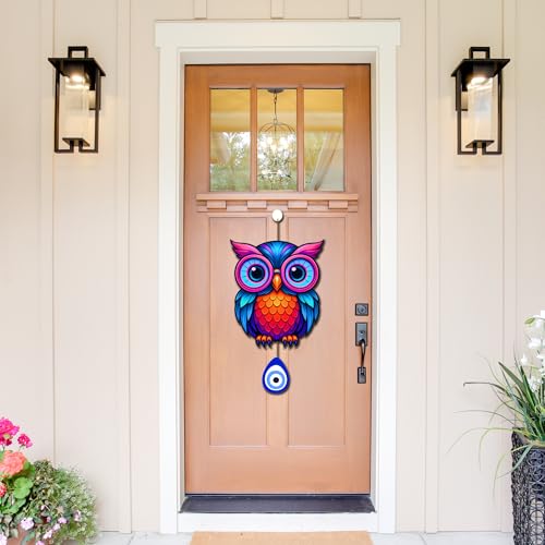 Image of GENXTRA Neon Multicolor Owl Wall Hanging with Nazar Protection Charm | MDF Wooden Decorative Wall Art for Home & Office | Modern Boho Decor