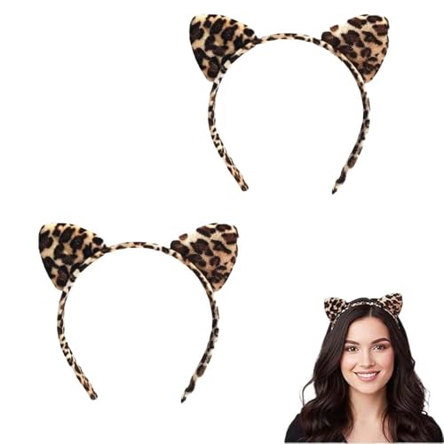 AYZDJ Diadema suave y esponjosa con orejas de gato con estampado de leopardo para mujer, paquete de 2, cómoda diadema de orejas de animal para Halloween, fiesta de disfraces, juego de rol, maquillaje