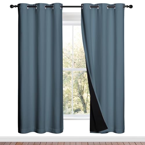 Image of NICETOWN 100% Blackout Window Curtain Panels, Smoky Blue, 2 Pieces, 42-inch Wide Per Panel, Full Light Blocking Drapes with Black Liner for Nursery, 72-inch Drop Thermal Insulated Draperies