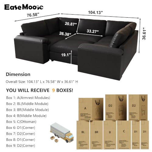 Image of EASE MOOSE Leather Sectional Couch Sleeper, Modular Sofa Bed, Black