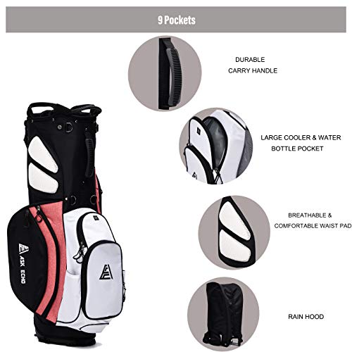 ASK ECHO Lightweight Golf Stand Bag with 14 Way Full Length Dividers Including Oversize Putter Tube, 9 Pockets, with Rain Cover, Pink - Thumbnail 6