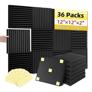 36 Packs Acoustic Foam Panels Wedge 2″ X 12″ X 12″ High Density Soundproof Foam Panels Quick Recovery Sound Proof Foam Panels for Walls with 180 Pcs Double Side Self Adhesives