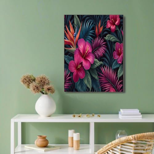 Lienzo de flores tropicales grande de magenta, pintura de hibisco de alta calidad 60x90cm
