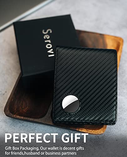 Image of Serovi AirTag Wallet for Men Genuine Leather Bifold Wallet with AirTag Holder RFID Blocking Wallet With 2 ID Window and 12 Cards Holders Gift Box (Airtag Not included)