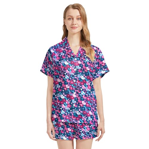 Image of Funny Pajamas for Women Set Print Satin Loungewear Pjs Short Sleeve Button Down Top and Shorts Sets Sleepwear XS-3XL