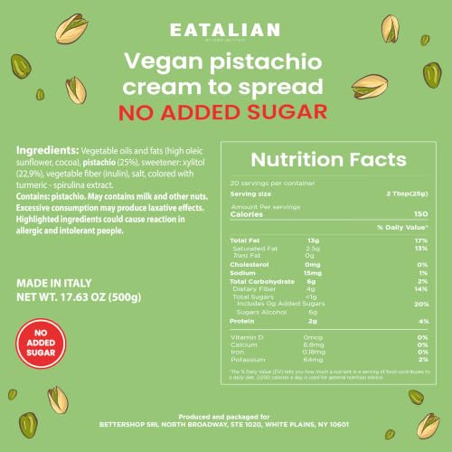 Image of EATALIAN by AMZ BETTER Vegan Pistachio Cream Sugar Free, 17.63 oz / 500 gr, Delicious sugar free vegan spread, ideal on bread, perfect with ice cream, Excellent for Dubai Chocolate, Made in Italy
