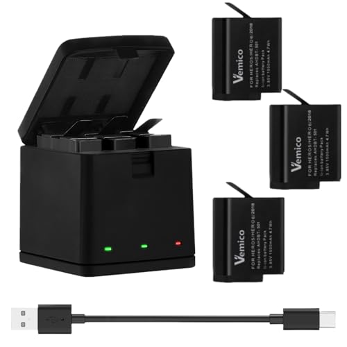 Battery Charger for GoPro Hero 5/6/7/2018 Black 3 Pack 1500mAh Batteries and LED USB-C 3 Slot Charger Compatible with Go Pro HERO7 Black, HERO6, HERO5, HERO2018 Camera