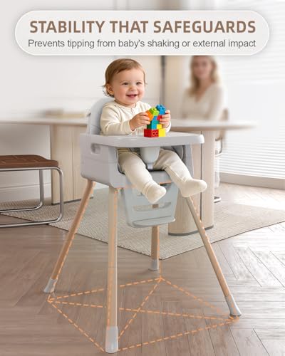 Image of Baby High Chair for 6 Months+, Foldable High Chairs for Babies and Toddlers, Convertible High Chair, Adjustable Tray & Footrest, Portable High Chair & Easy to Clean(Grey with Wood Grain)