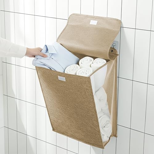 Wall Hanging Laundry Basket Collapsible Laundry Hamper with Handle & Laundry Balls Foldable Space-Saving Dirty Clothes Organizer for Bathroom & Bedroom (Beige, Regular)