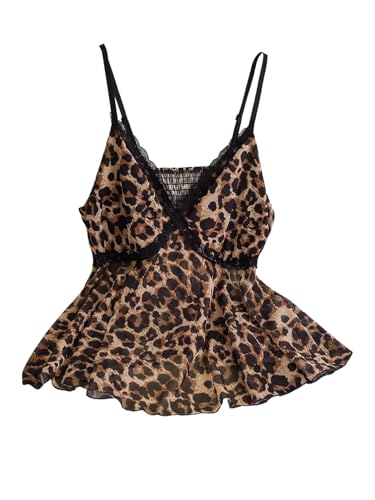 MakeMeChic Women's Plus Size Mesh Lace Leopard Print Cami V Neck Ruffle Hem Shirred Y2k Tops