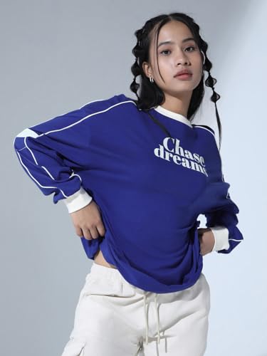 Image of Hubberholme Womens Blue Cotton Round Neck Printed Relaxed Fit Tshirts