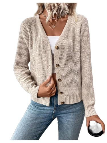MakeMeChic Women's V Neck Button Down Long Sleeve Cardigan Sweater Drop Shoulder Ribbed Knit Outerwear
