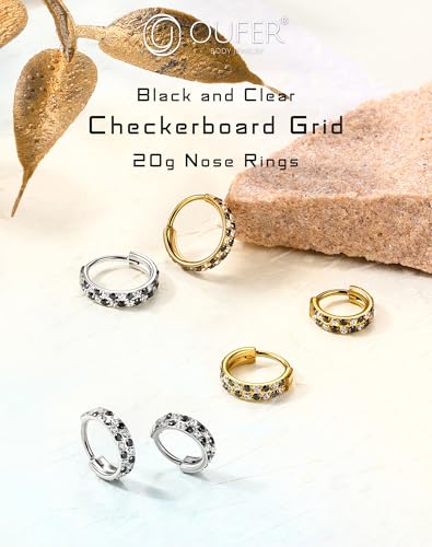 OUFER 20G Checkerboard Nose Rings For Women, 316L Surgical Steel Nose Rings Hoops, Black and Clear Cyrstal Double Hoop Hinged Segment Septum Conch Helix Lip Body Piercing Jewelry for Men-6/7/8MM3