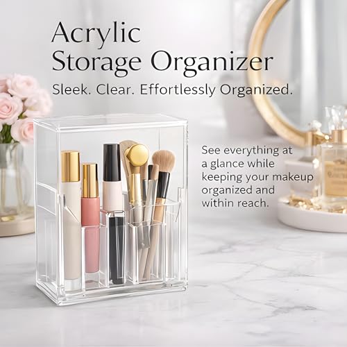 Image of KiZY Luxury Clear Acrylic Lipsstic Nail Polish Makeup Brush Organizer | Elegant Multi-Compartment Makeup & Desk Storage Box for Vanity or Office (Combo)