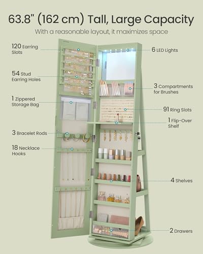 Image of SONGMICS 6 LEDs Mirror Jewelry Cabinet Organizer, 360 Swivel, Lockable | Frameless Full-Length Mirror with Storage, Jewelry Armoire, 3 Storage Shelves, Laurel Green Surface UJJC007C01