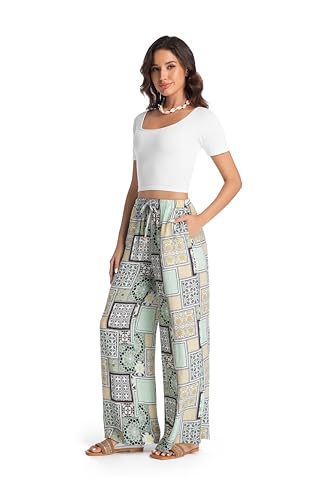 Womens Casual Mid Waist Wide Leg Pants Summer Floral Solid Palazzo Baggy Pants Lounge Beach Trousers with Pocket3