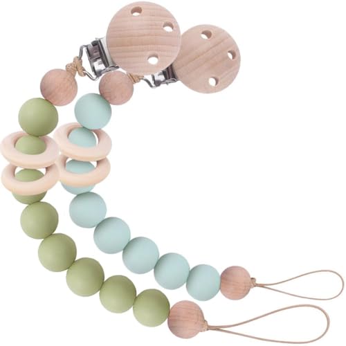 Image of 2Pcs Silicone Pacifier Clip with Natural Wooden Rings, Green Pacifier Holder Binky Clips for Baby Girl and Boys (Green)