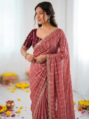 Image of SIRIL Women's Shimmer Georgette Scalloped Border Sequins Embroidery Saree with Unstitched Blouse Piece
