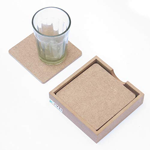 Image of IVEI MDF DIY Coasters with Holder Stand - MDF Plain Wooden Coasters & Holder Blank Cutouts for Painting, Sheet Craft, Decoupage, Resin Art Work & Decoration (Square with Holder)