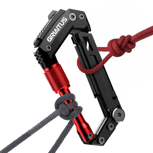 Image of Carabiner Multitool with Pocket Knives, EDC Carabiners, Serrated Knife, Rope Cutter, Screwdriver, Can Bottle Opener, Ruler, Keychain Knife for Camping Hiking, Gifts for Women (Red)