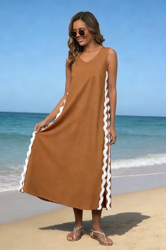 Image of utcoco Women's Summer Beach Boho Flowy Maxi Dress Casual Sleeveless V Neck Side Slit RIC Rac Tank Dress